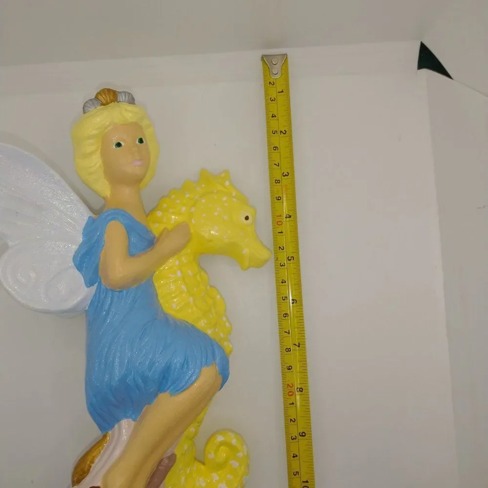Hand Crafted Garden Fairy Riding Seahorse Vinyage Ceramic Painted 9 inch